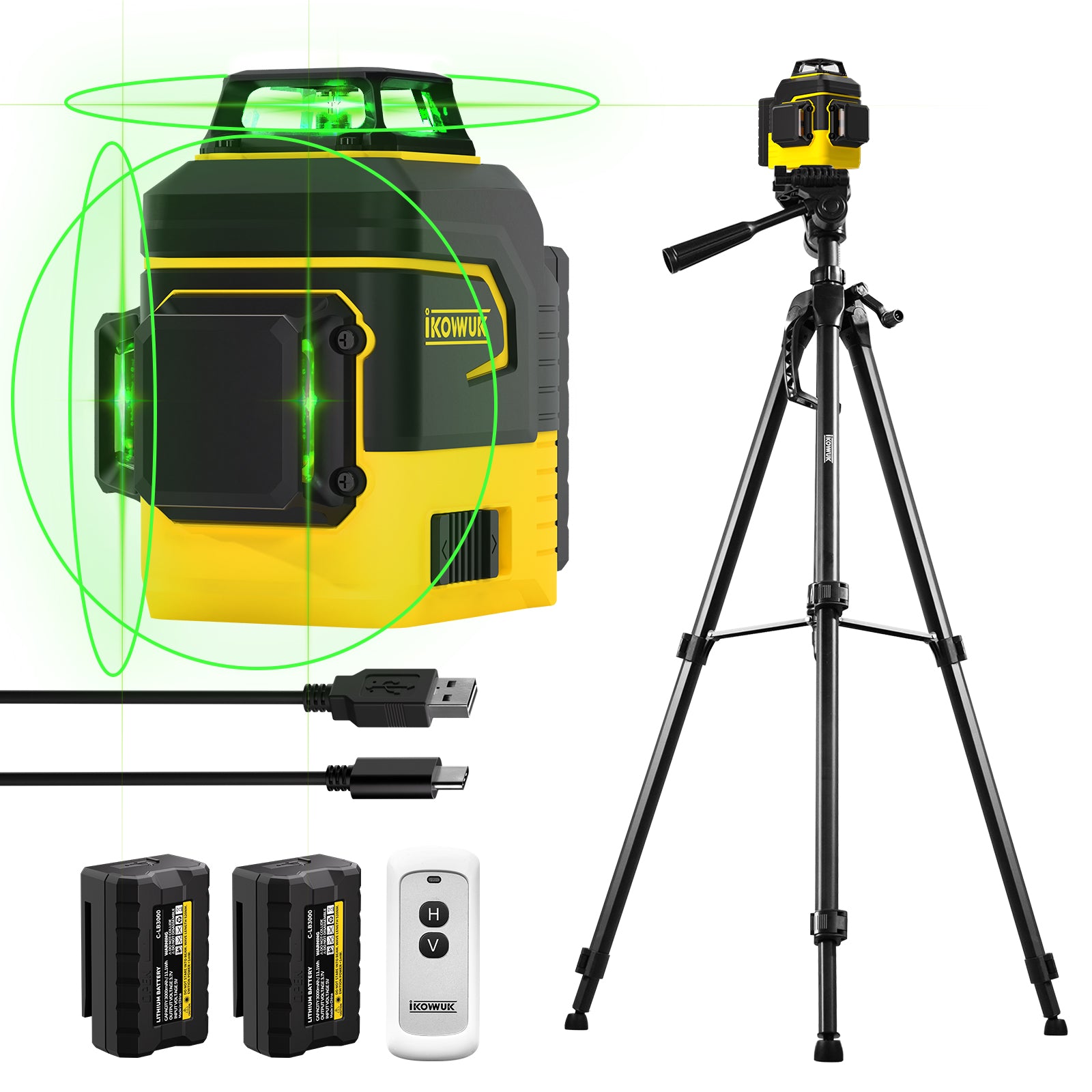 IKOVWUK Laser Level with Tripod, Laser Level 3x360° Self Leveling 12 Green Line, Rechargeable Battery 2 x 3000 mAh & Type-C Charging Port, Compact Adjustable 1.6M Tripod & Carry Pouch Included