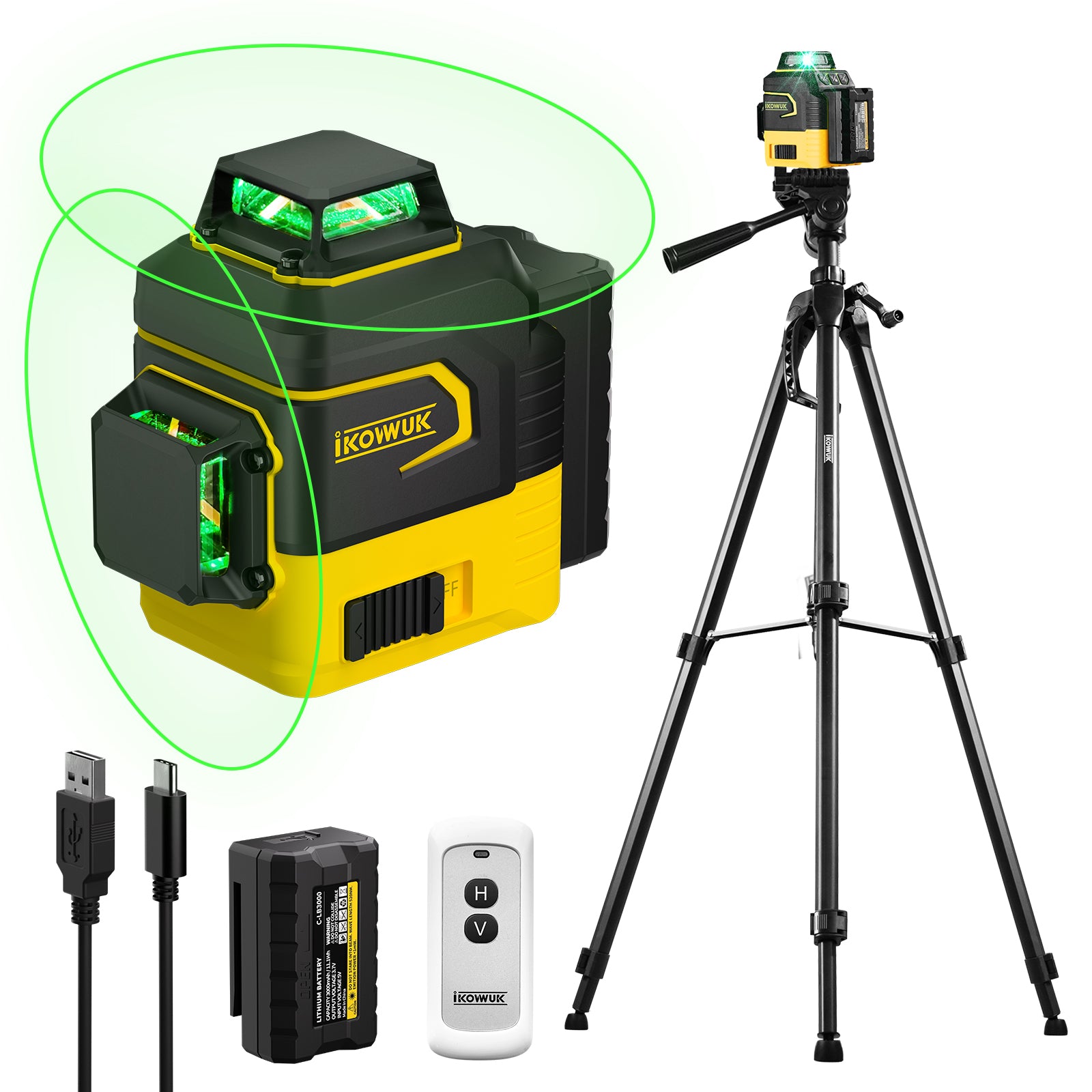 IKOVWUK Laser Level with Tripod, 2x360° Self-leveling Green Cross Line, 8 Lines Laser Level Tool with Rechargeable Battery & Type-C Charging Port, Compact Adjustable 1.6M Tripod & Carry Pouch Included