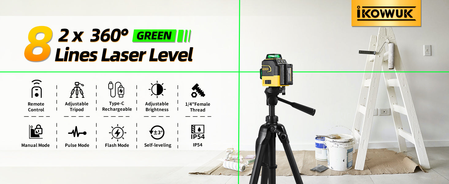 IKOVWUK Laser Level with Tripod, 2x360° Self-leveling Green Cross Line, 8 Lines Laser Level Tool with Rechargeable Battery & Type-C Charging Port, Compact Adjustable 1.6M Tripod & Carry Pouch Included