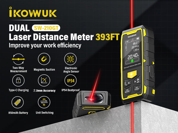 IKOVWUK Dual Laser Measuring Tool, 393FT/120M Bilateral Laser Distance Meter 6 Unit Switching, Rechargeable Digital Laser Measure with Backlit LCD Display, Angle Sensor, Multiple Measure Mode