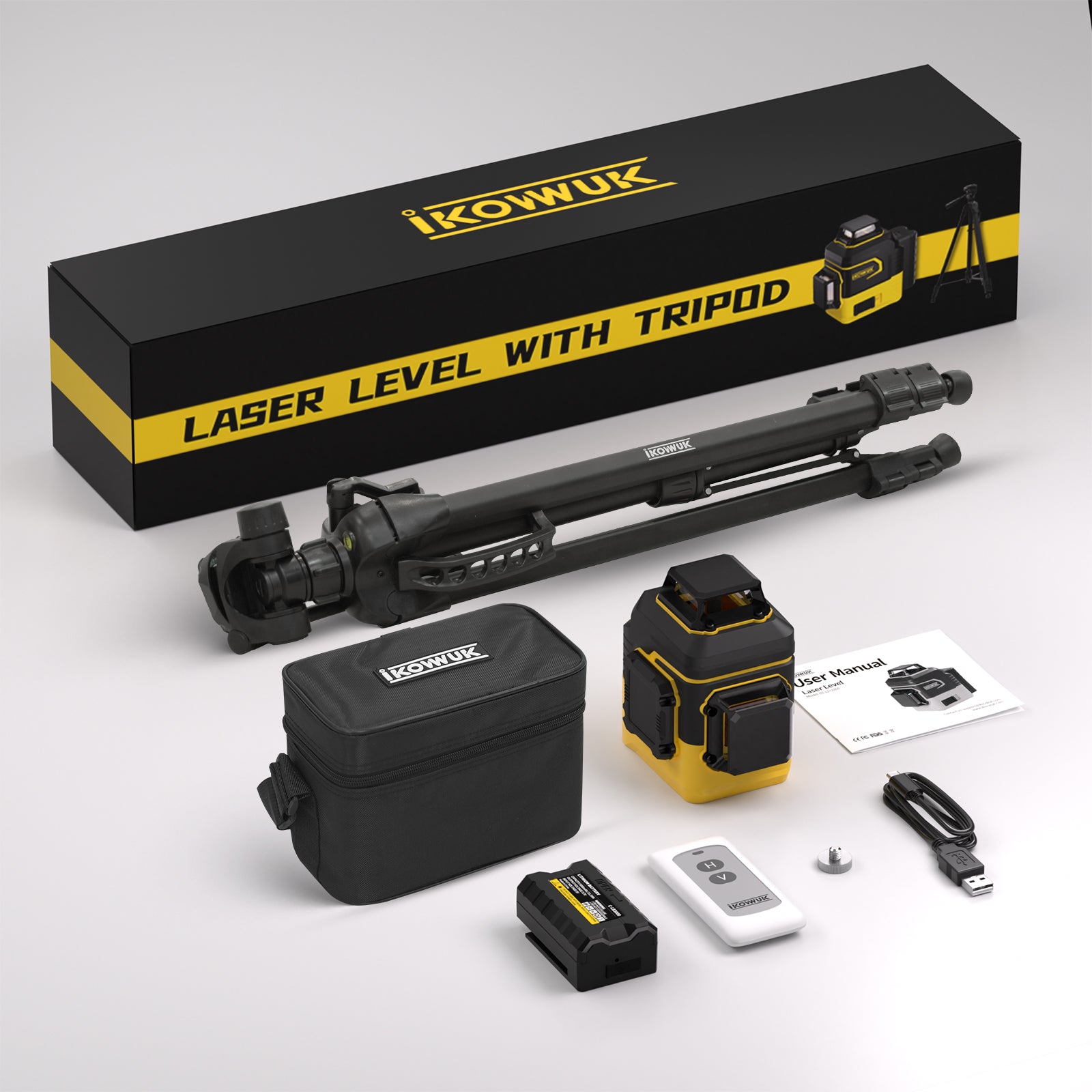 IKOVWUK Laser Level with Tripod, 2x360° Self-leveling Green Cross Line, 8 Lines Laser Level Tool with Rechargeable Battery & Type-C Charging Port, Compact Adjustable 1.6M Tripod & Carry Pouch Included