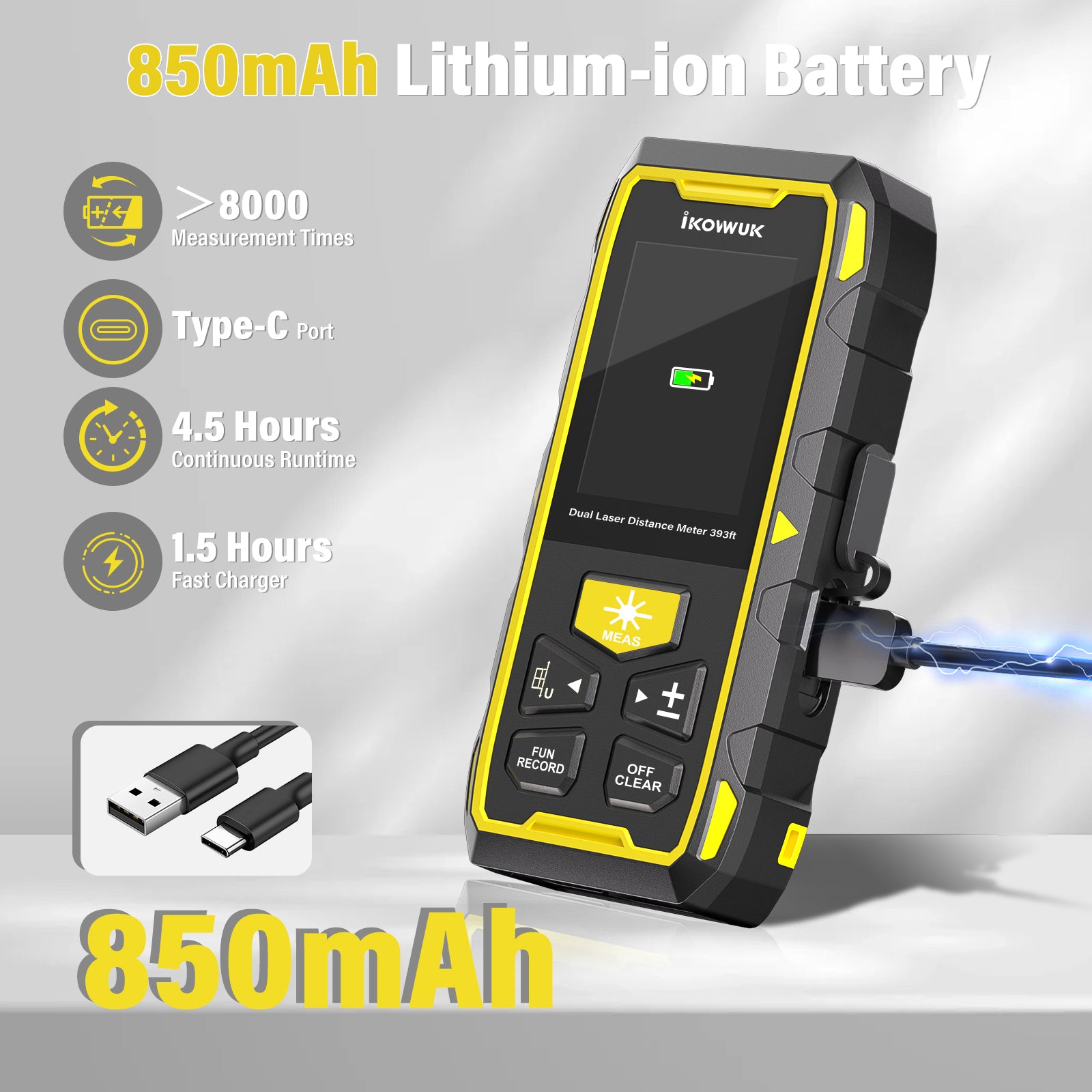 IKOVWUK Dual Laser Measuring Tool, 393FT/120M Bilateral Laser Distance Meter 6 Unit Switching, Rechargeable Digital Laser Measure with Backlit LCD Display, Angle Sensor, Multiple Measure Mode
