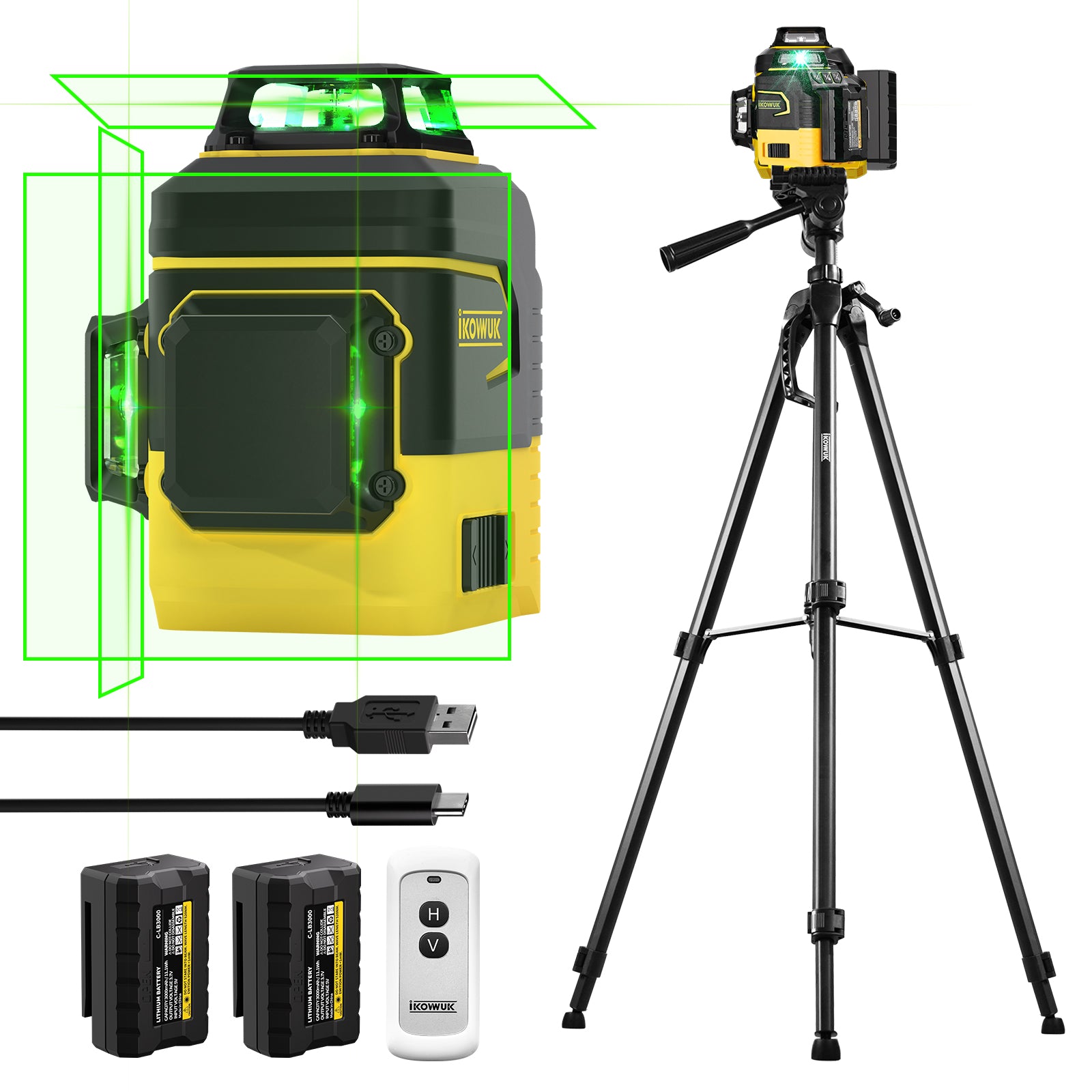 IKOVWUK Laser Level with Tripod, Laser Level 3x360° Self Leveling 12 Green Line, Rechargeable Battery 2 x 3000 mAh & Type-C Charging Port, Compact Adjustable 1.6M Tripod & Carry Pouch Included