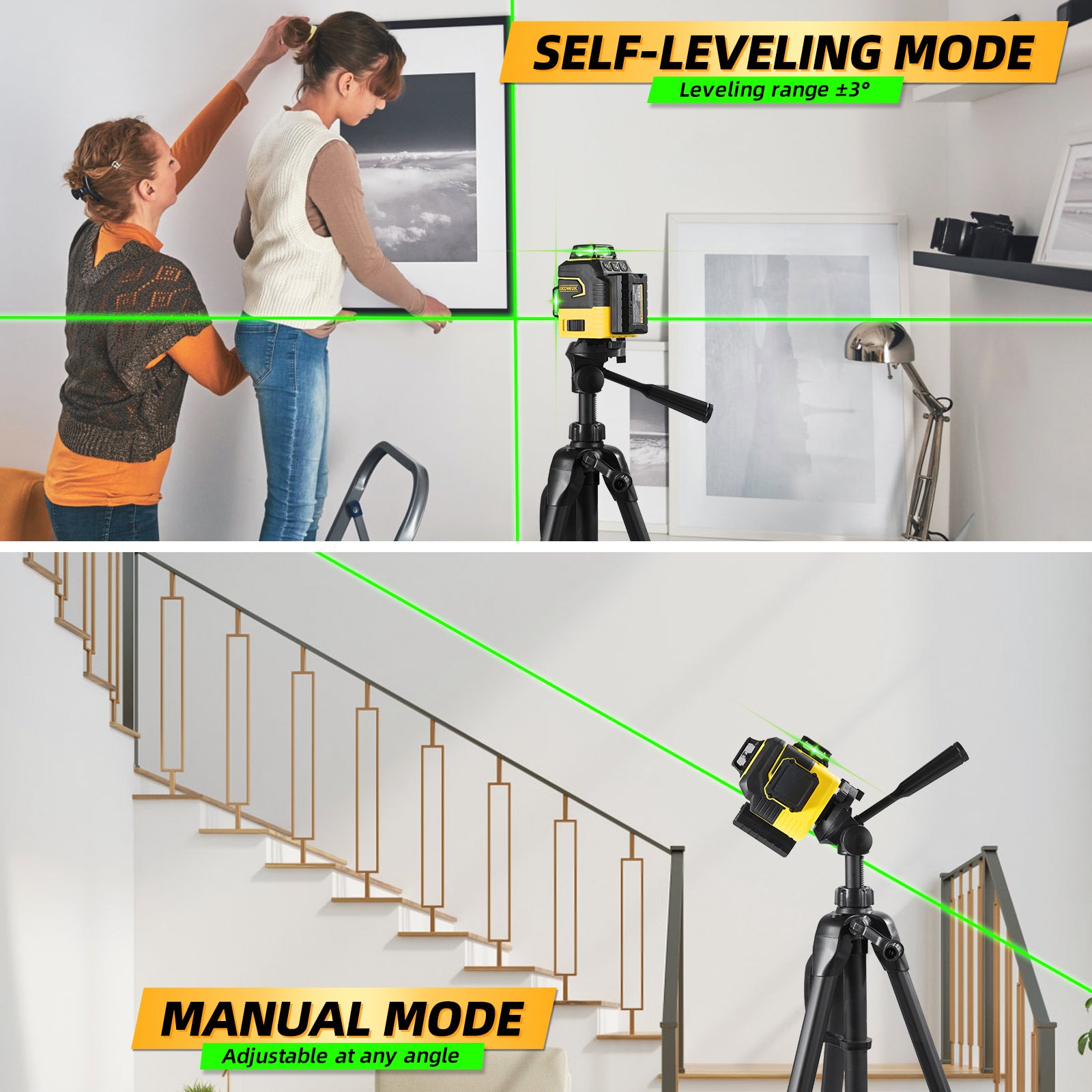 IKOVWUK Laser Level with Tripod, 2x360° Self-leveling Green Cross Line, 8 Lines Laser Level Tool with Rechargeable Battery & Type-C Charging Port, Compact Adjustable 1.6M Tripod & Carry Pouch Included