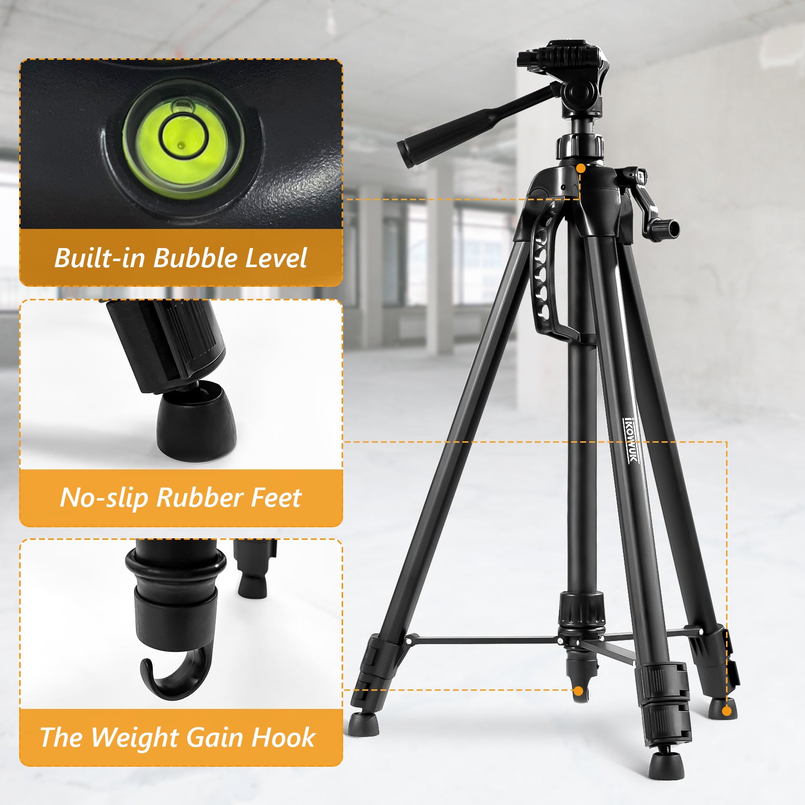IKOVWUK 3160 Compact Tripod Tool for Laser Level, Tripod with Adjustable Height 26—65.7 Inches for Use with Point Lasers, and Laser Distance Tape Measuring Other