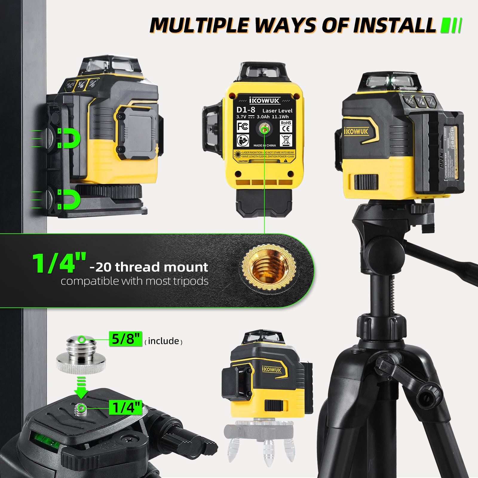 IKOVWUK Laser Level with Tripod, 2x360° Self-leveling Green Cross Line, 8 Lines Laser Level Tool with Rechargeable Battery & Type-C Charging Port, Compact Adjustable 1.6M Tripod & Carry Pouch Included