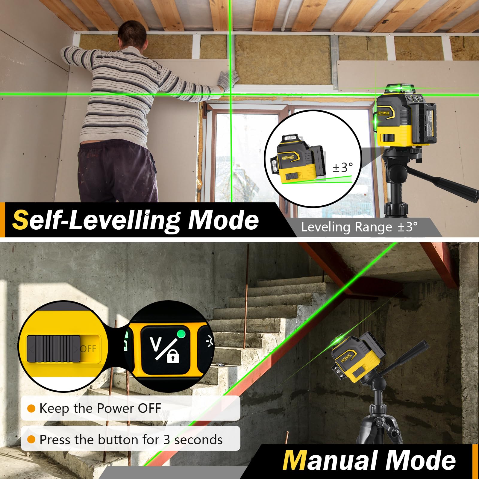 IKOVWUK 3x360° Laser Level, Laser Level for Construction Picture Hanging Floor,12 Lines Self-leveling Laser Level Line with Upgraded Flash Mode, 2X 3000MAH Battery(