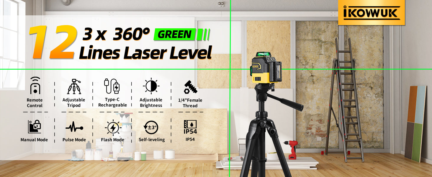 IKOVWUK Laser Level with Tripod, Laser Level 3x360° Self Leveling 12 Green Line, Rechargeable Battery 2 x 3000 mAh & Type-C Charging Port, Compact Adjustable 1.6M Tripod & Carry Pouch Included