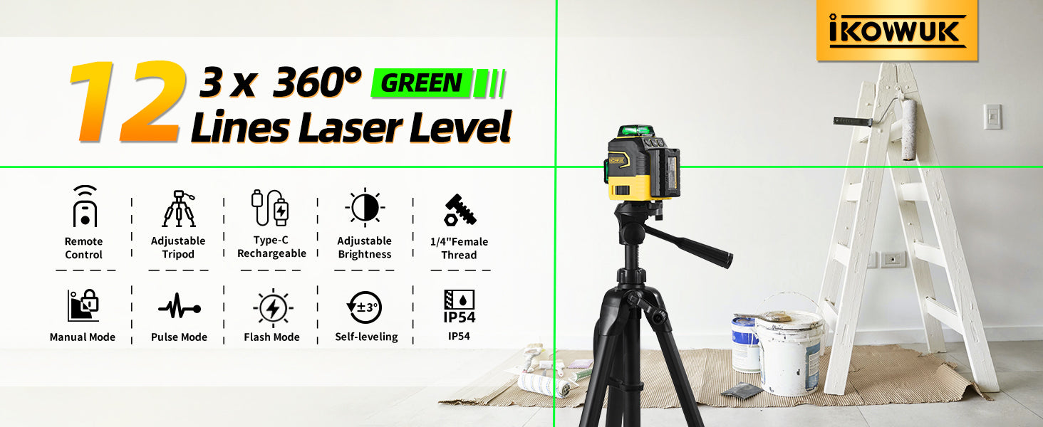 IKOVWUK Laser Level with Tripod, Laser Level 3x360° Self Leveling 12 Green Line, Rechargeable Battery 2 x 3000 mAh & Type-C Charging Port, Compact Adjustable 1.6M Tripod & Carry Pouch Included