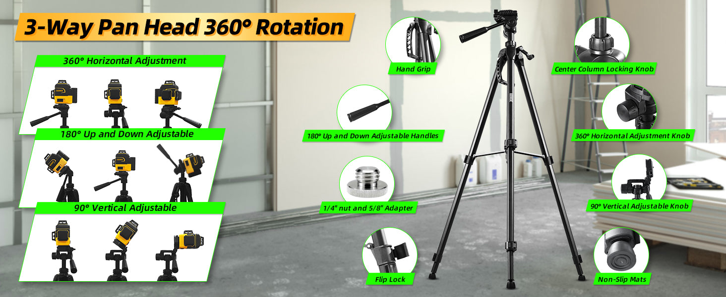 IKOVWUK Laser Level with Tripod, Laser Level 3x360° Self Leveling 12 Green Line, Rechargeable Battery 2 x 3000 mAh & Type-C Charging Port, Compact Adjustable 1.6M Tripod & Carry Pouch Included