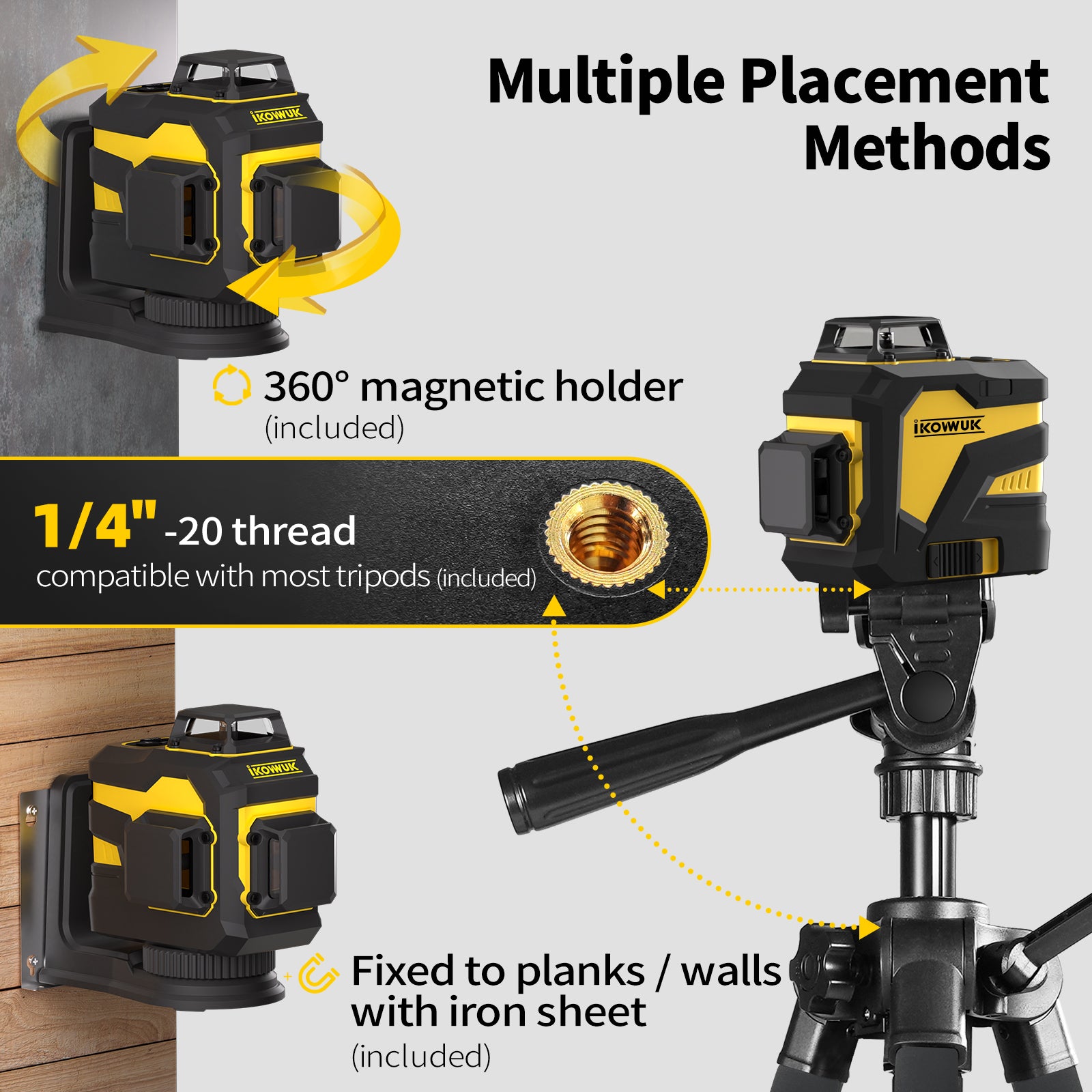 IKOVWUK Laser Level with Tripod, 3x360° Cross Line Laser for Construction and Picture Hanging, Level Tool with 5200 mAh Rechargeable Battery, Compact Adjustable 59.8-inch Tripod Included
