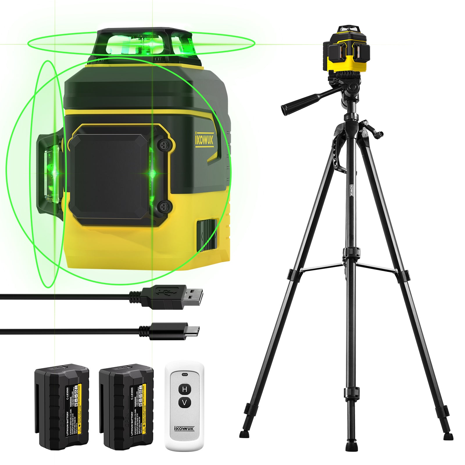 IKOVWUK Laser Level with Tripod, Laser Level 3x360° Self Leveling 12 Green Line, Rechargeable Battery 2 x 3000 mAh & Type-C Charging Port, Compact Adjustable 1.6M Tripod & Carry Pouch Included