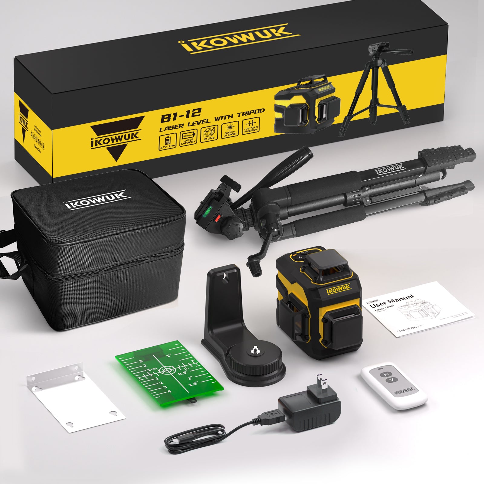IKOVWUK Laser Level with Tripod, 3x360° Cross Line Laser for Construction and Picture Hanging, Level Tool with 5200 mAh Rechargeable Battery, Compact Adjustable 59.8-inch Tripod Included