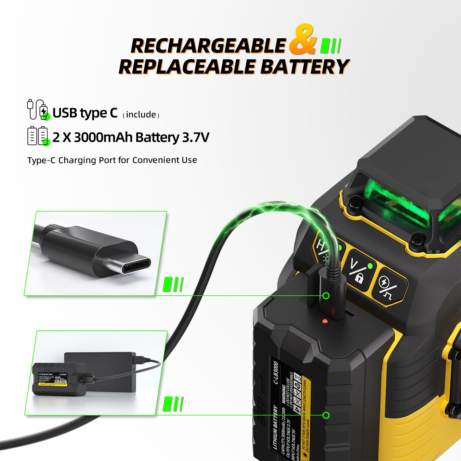 IKOVWUK Laser Level with Tripod, Laser Level 3x360° Self Leveling 12 Green Line, Rechargeable Battery 2 x 3000 mAh & Type-C Charging Port, Compact Adjustable 1.6M Tripod & Carry Pouch Included