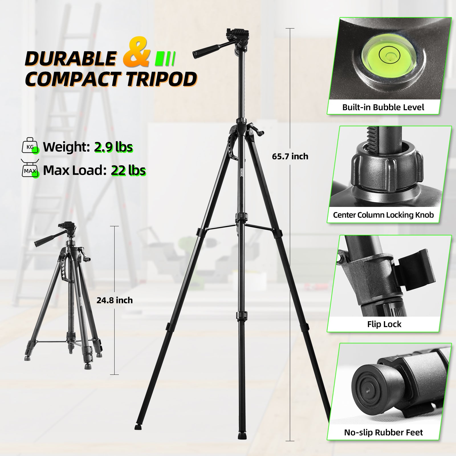 IKOVWUK Laser Level with Tripod, Laser Level 3x360° Self Leveling 12 Green Line, Rechargeable Battery 2 x 3000 mAh & Type-C Charging Port, Compact Adjustable 1.6M Tripod & Carry Pouch Included