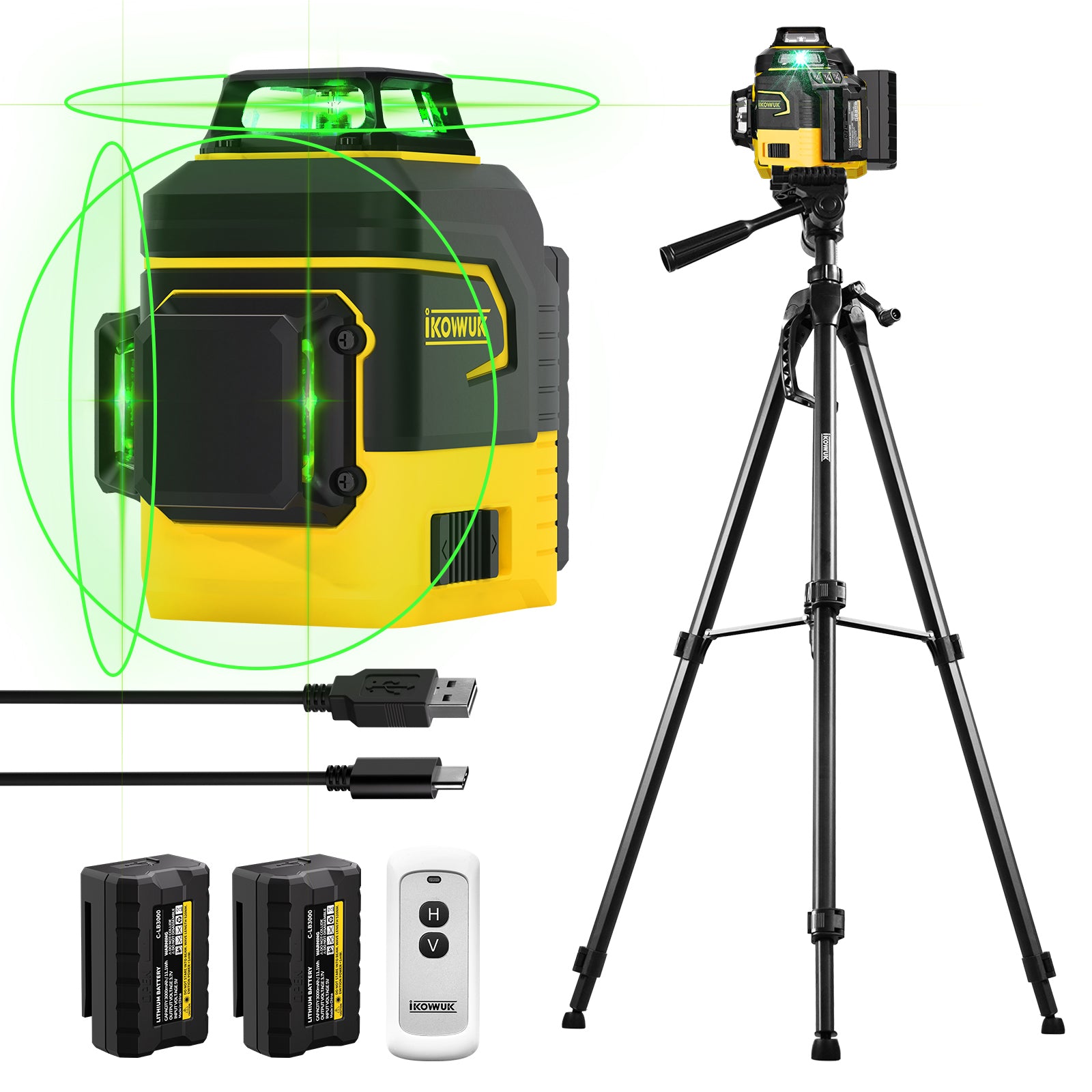IKOVWUK Laser Level with Tripod, Laser Level 3x360° Self Leveling 12 Green Line, Rechargeable Battery 2 x 3000 mAh & Type-C Charging Port, Compact Adjustable 1.6M Tripod & Carry Pouch Included
