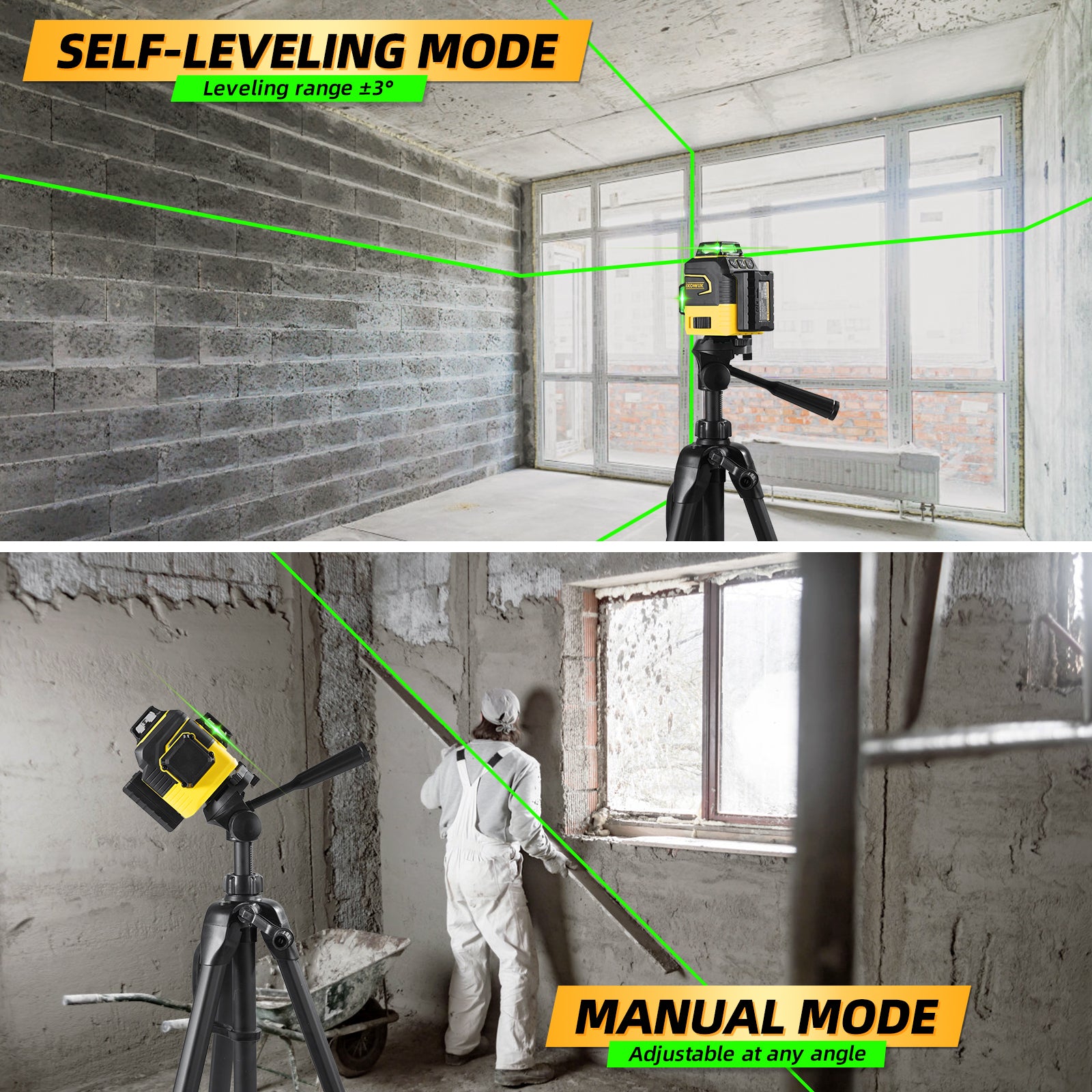 IKOVWUK Laser Level with Tripod, Laser Level 3x360° Self Leveling 12 Green Line, Rechargeable Battery 2 x 3000 mAh & Type-C Charging Port, Compact Adjustable 1.6M Tripod & Carry Pouch Included