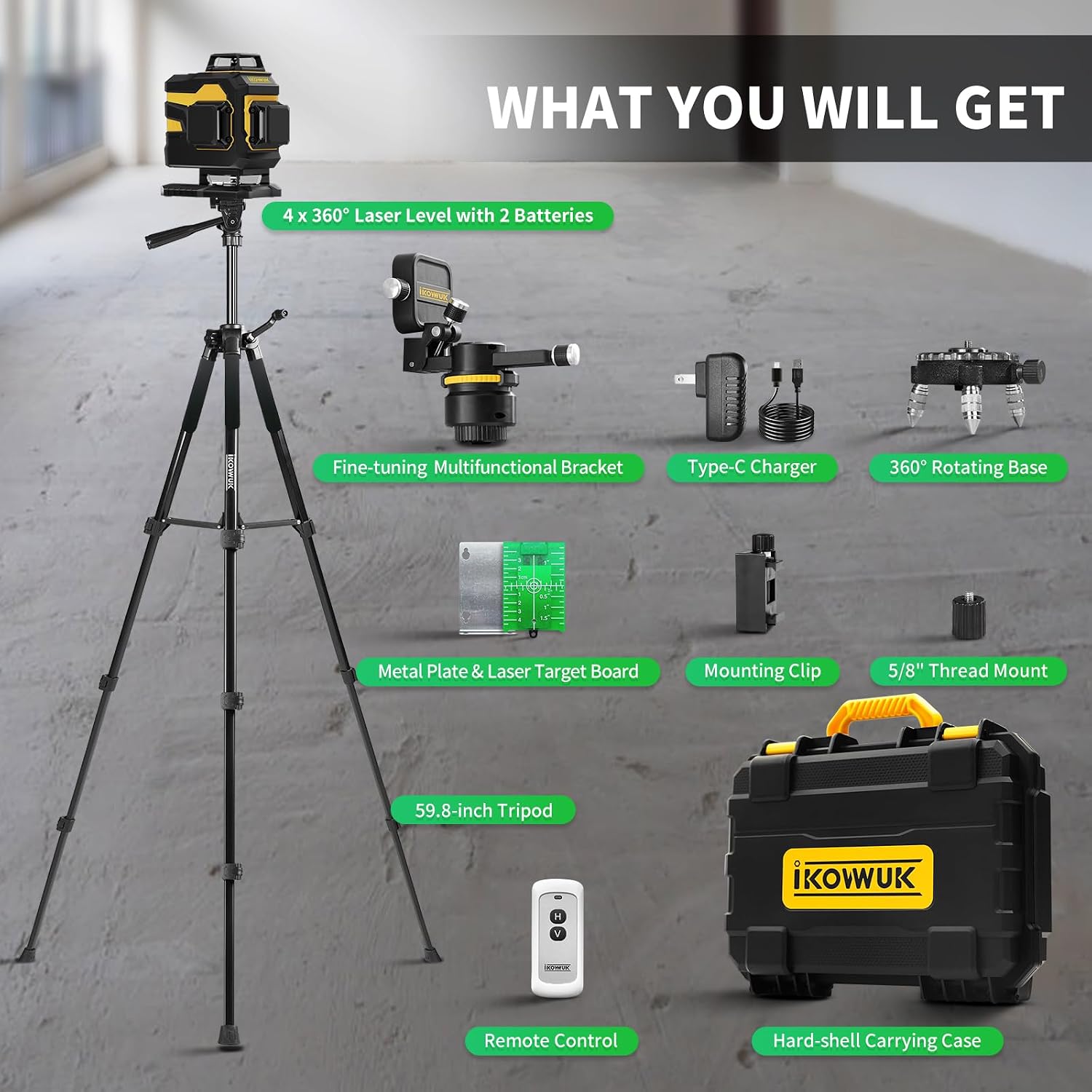 4x360° Laser Level Pro Kit with Tripod, 4D Cross Line Laser Level with Fine-tuning Bracket, 16 Lines Laser Level with 2 * 4000mAh Battery, Compact Adjustable 59.8-inch Tripod Included