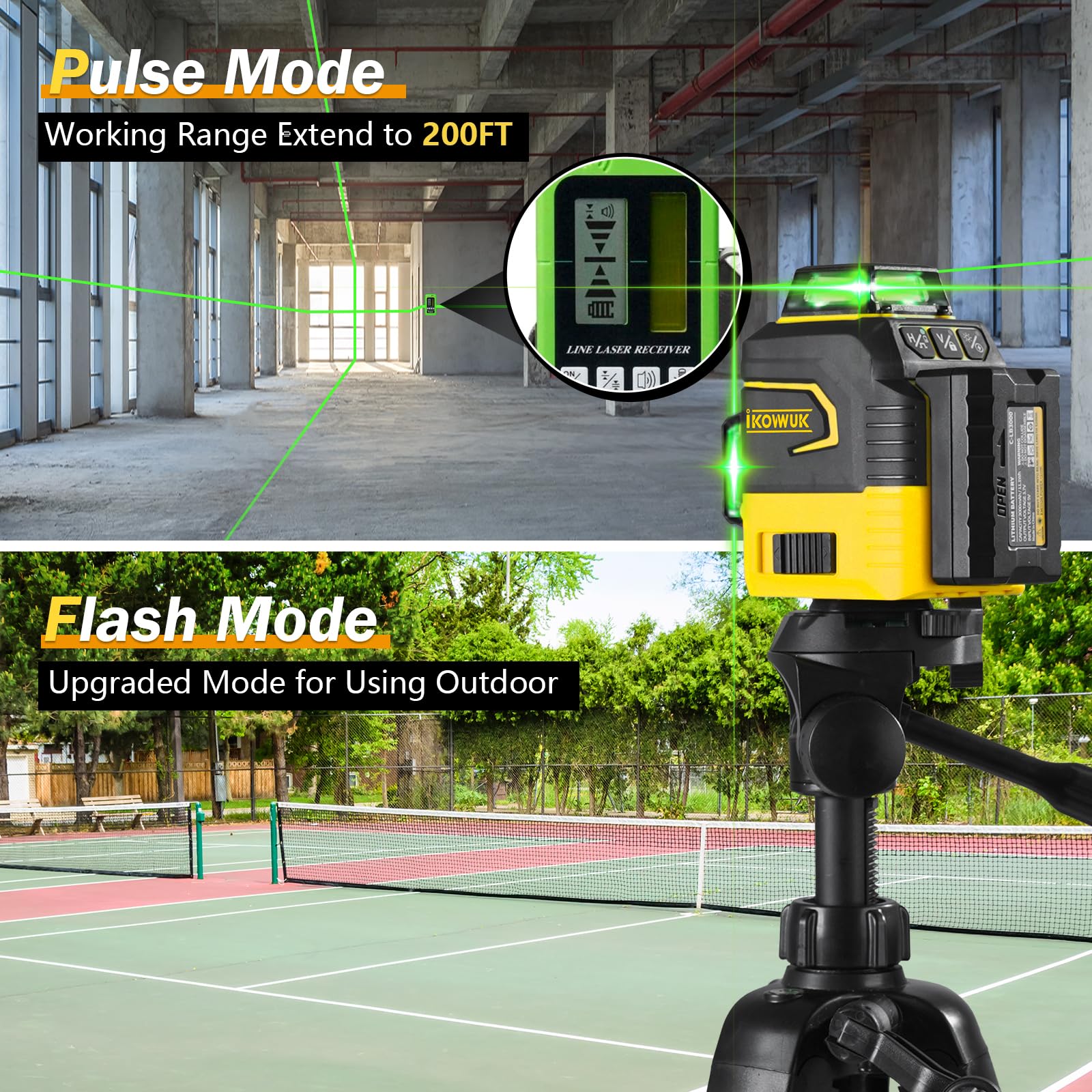 IKOVWUK 3x360° Laser Level, Laser Level for Construction Picture Hanging Floor,12 Lines Self-leveling Laser Level Line with Upgraded Flash Mode, 2X 3000MAH Battery（