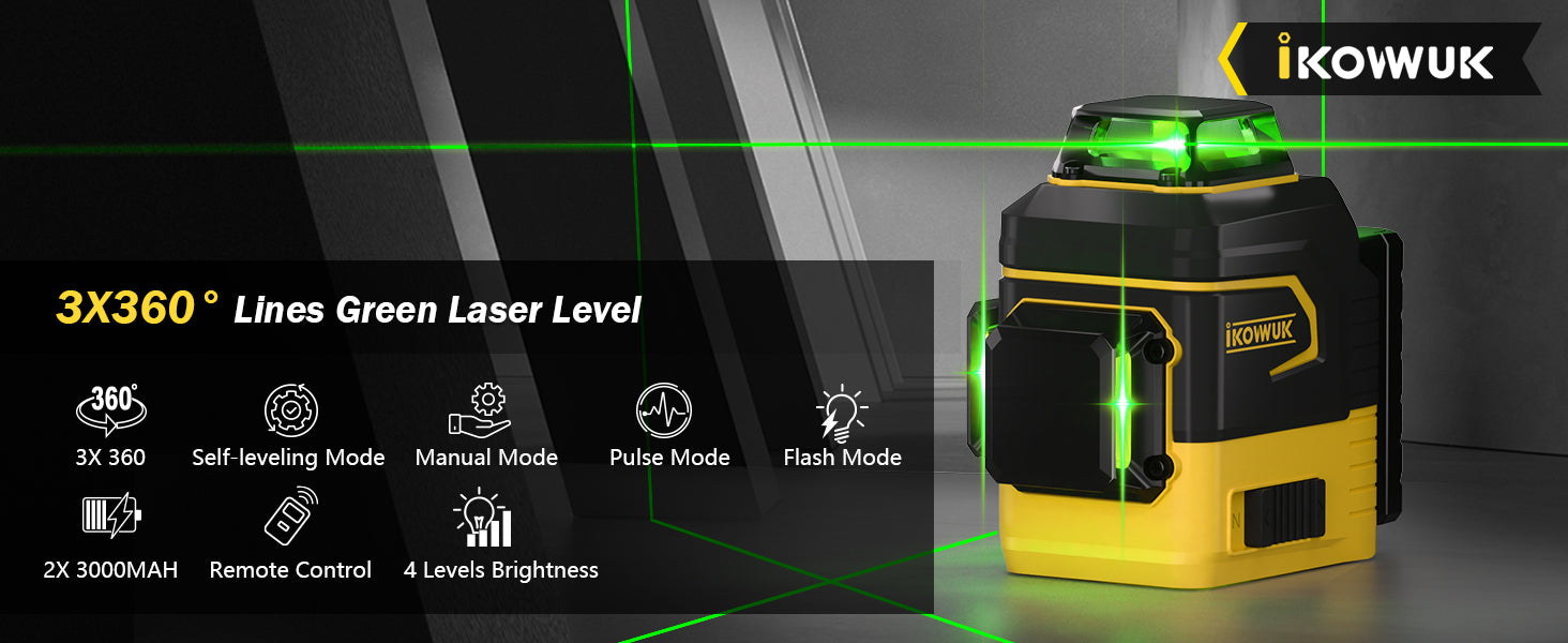 IKOVWUK 3x360° Laser Level, Laser Level for Construction Picture Hanging Floor,12 Lines Self-leveling Laser Level Line with Upgraded Flash Mode, 2X 3000MAH Battery（